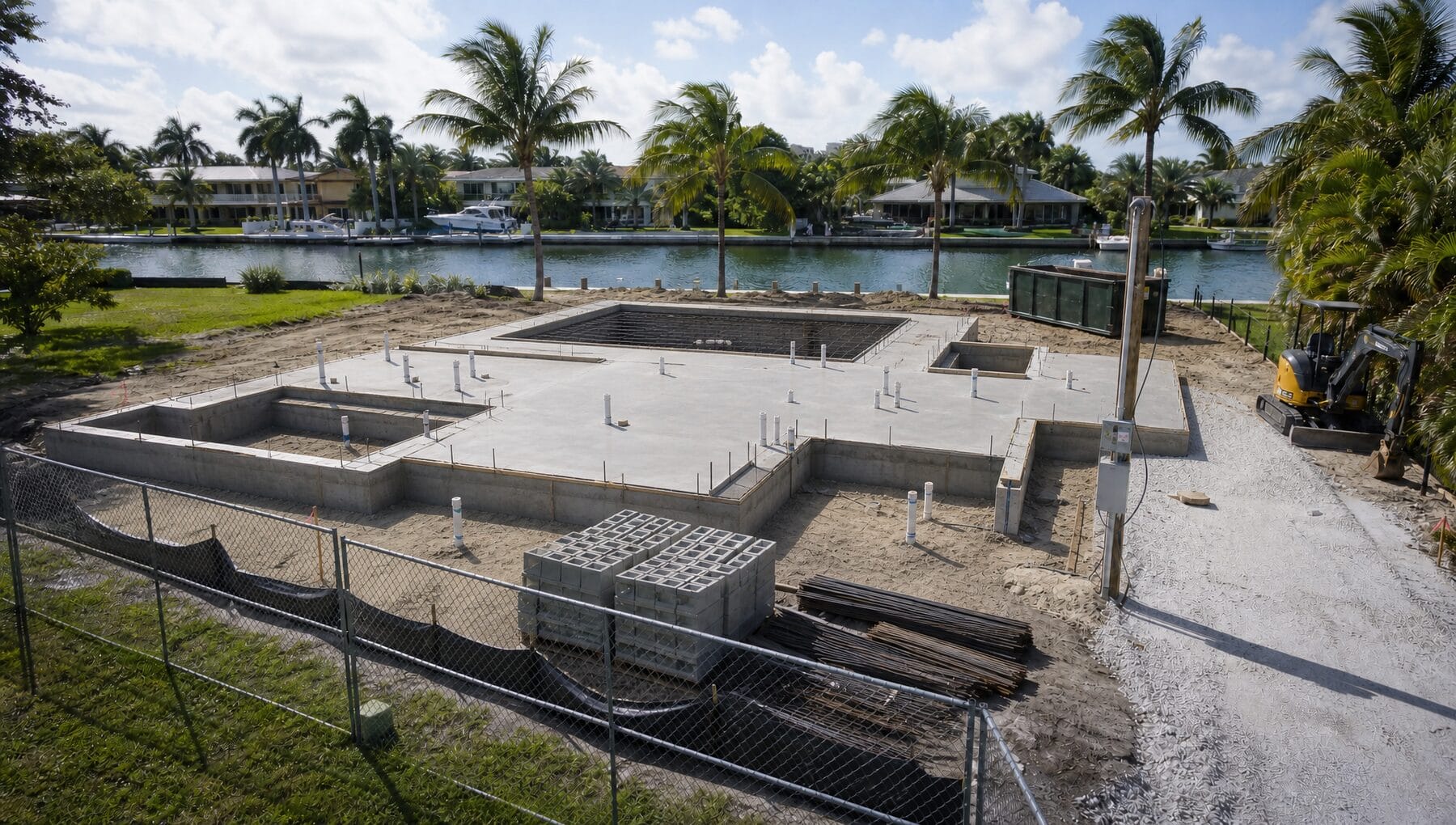 Foundation — footings, stem walls, slab-on-grade, pool excavation