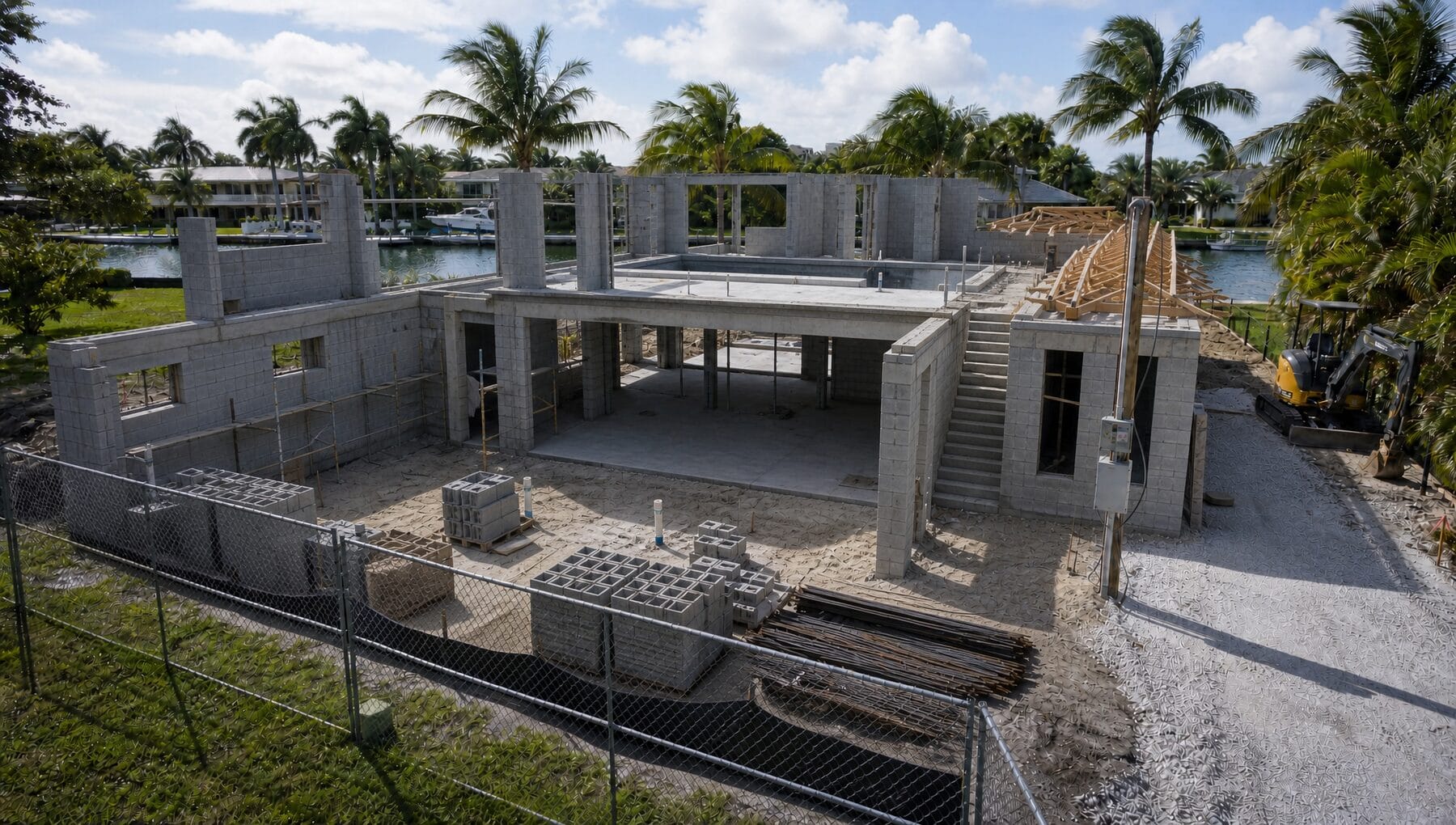 Structure — filled-cell CMU, tie columns, second-floor deck, trusses